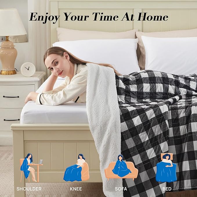 Westinghouse Full Size Heated Blanket Electric Blanket, Flannel & Sherpa Heating Blanket with10 Heating Levels & 1 to 12 Hours Heating Time Settings, Fast Heating Blanket Black Plaid, 72x84 Inches