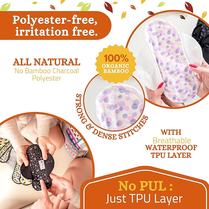 Non-Slip Organic Reusable Period Pads for Heavy Flow & Incontinence (L+XL, 6-Pack); High-Temp Viscose Washable Cloth Pads for Women; Non-Irritating, Soft Reusable Pad Menstrual for Comfortable Care
