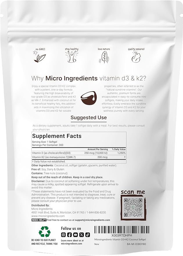 Micro Ingredients Vitamin D3 10000 iu + K2 200 mcg Coconut Oil Softgels & Organic Collagen Peptides Powder Bundle 2 Pack | Essential Sunshine Vitamins | Hydrolyzed Type I & III Bovine Collagen
