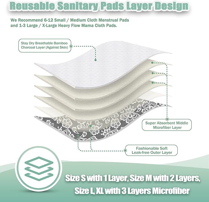 wegreeco Reusable Menstrual Pads - Reusable Sanitary Pads | Reusable Panty Liners | Soft Cloth Menstrual Pads - 6 Pack with 1 Cloth Wet Bag (Black, Grey Lace, X-Large)