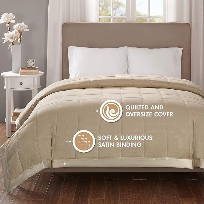 Madison Park Cambria Down Alternative Blanket, Premium 3M Scotchgard Moisture Wicking Treatment, Lightweight and Soft Bed Cover For Summer with Satin Trim, Oversized King Taupe