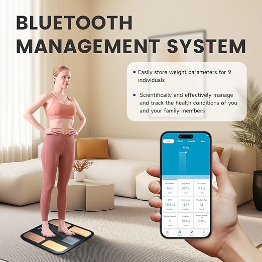 EILISON Digital Bathroom Scale with 4 Electrodes & BIA Technology High-Precision Smart Body Fat Analyzer,Large Color Night Vision Touchscreen,Bluetooth App Sync for 19 Metrics,396LBS Capacity (Black)