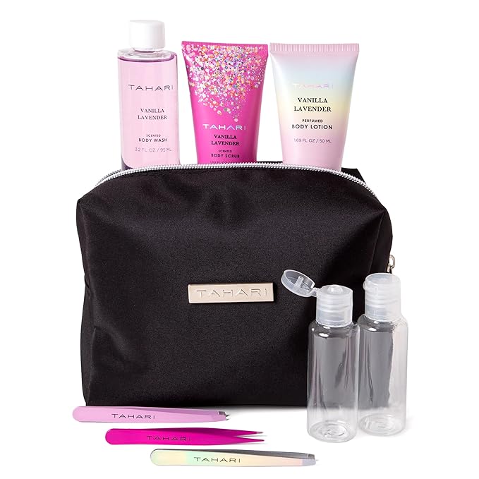 Tahari Vanilla Lavender Spa Gift Set for Women – Luxurious Bath Kit with Body Lotion, Body Scrub, Body Wash & Tweezers with Bag – Perfect Selfcare Gifts for Women (Black)