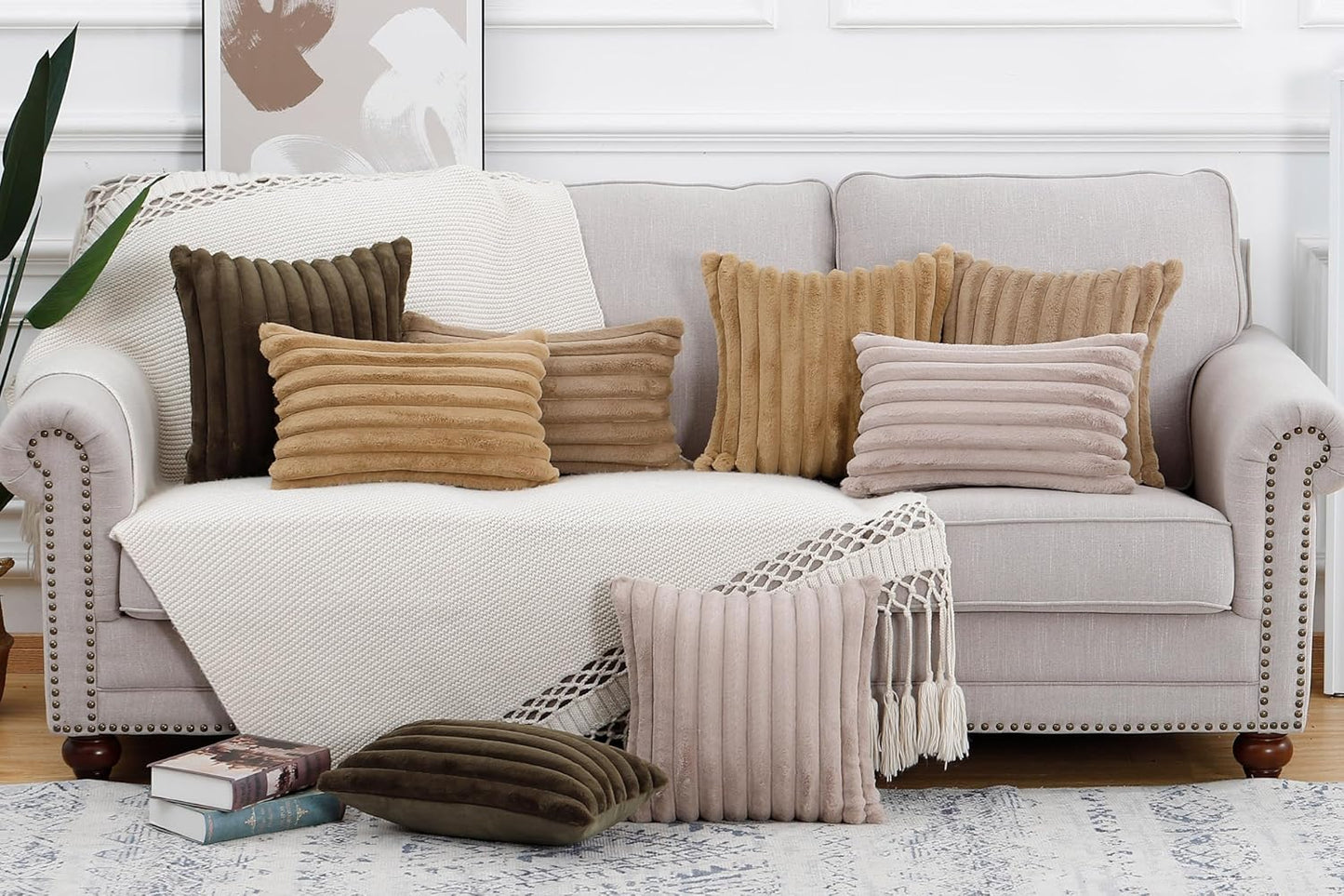 MADIZZ Set of 2 Faux Wool Plush Decorative Throw Pillow Covers 24x24 Inch Drak Brown Fluffy Striped Soft Decorative Cushion Cover for Sofa Bedroom Pillow Shell