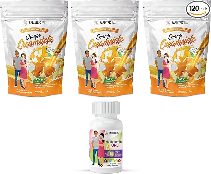 BariatricPal 90-Day Bariatric Vitamin Bundle (Multivitamin ONE 1 per Day! Capsule with 45mg Iron and Calcium Citrate Soft Chews 500mg with Probiotics - Orange Creamsicle)