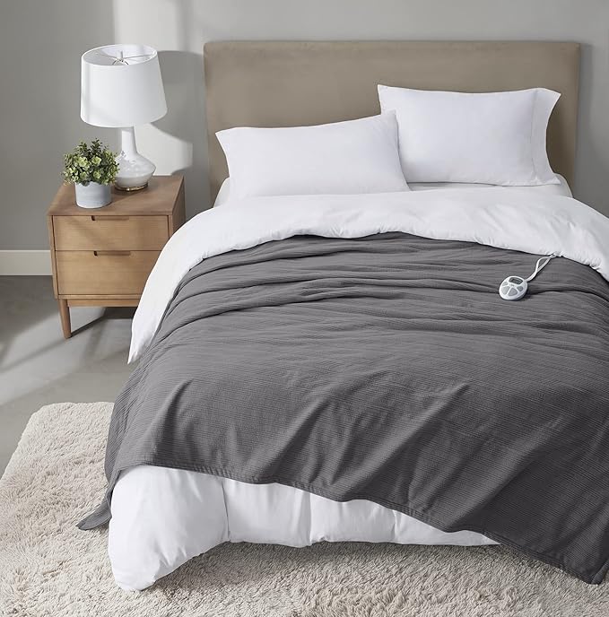 Serta Travis Fleece Ultra Soft Tri-Rib Textured Electric Blanket, Cozy and Snuggly Cover Fast Heating for Cold Weather, Auto Shut Off, Multi Heat Setting Controller, Twin, Charcoal