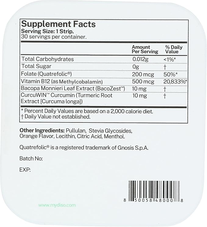DISO - Vitamin B12 - Dissolvable Oral Strips, for Tiredness and Fatigue, Orange Mint Flavor, Vegan, Sugar Free, Maximum Absorption, Gluten Free, Individually Wrapped, 30 Count