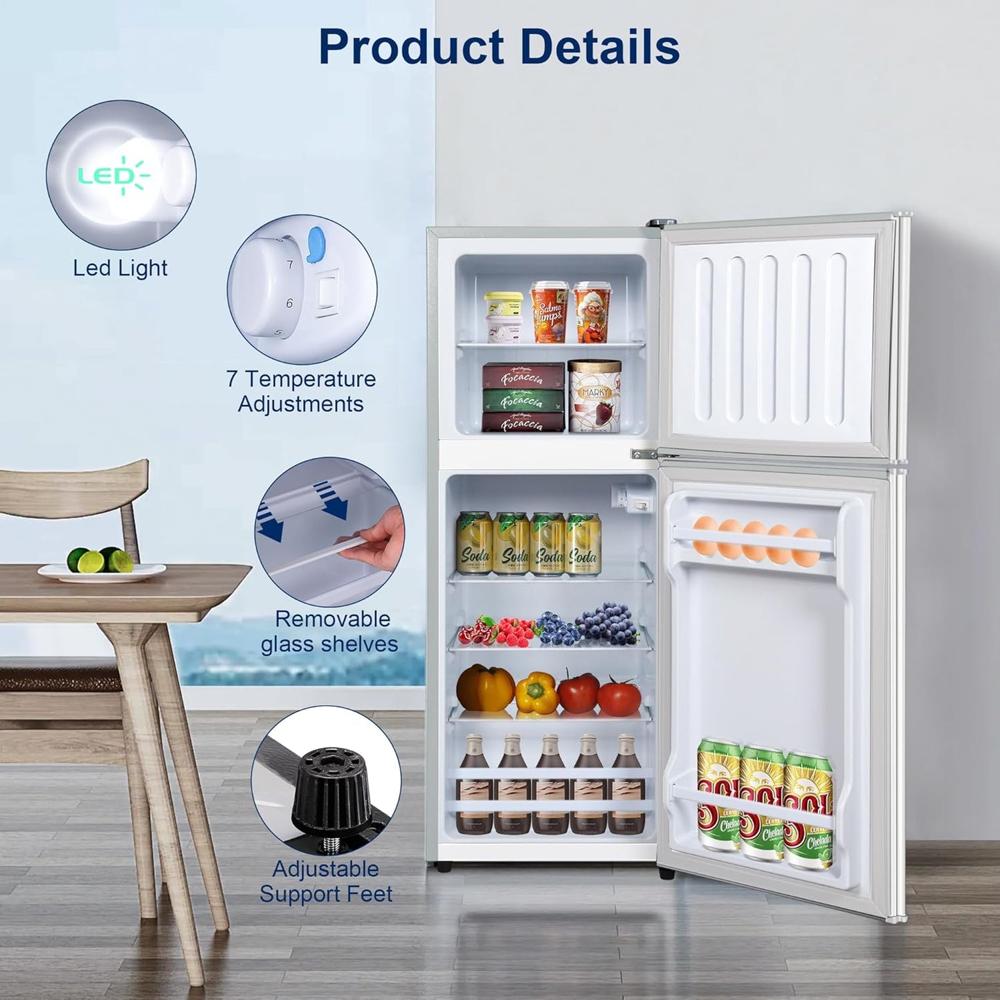4.8 Cu. Ft. Fridge with Freezer, 2-Door Mini Fridge with Freezer, Adjustable Thermostat Small Refrigerator, Dorm Refrigerator for Apartment, Office, Kitchen, Silver