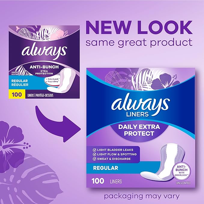 Always Anti-Bunch Xtra Protection Daily Liners, Long Length, Unscented, 136 Count x 2 (272 Count Total)
