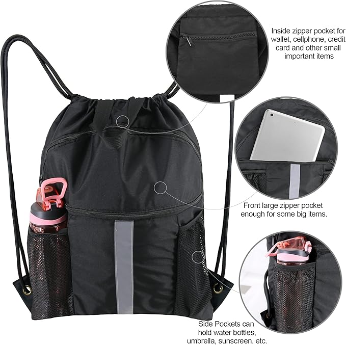 BeeGreen Drawstring Backpack Bag with Shoe Compartment, X-Large Black Gym Sports String Cinch Backpack