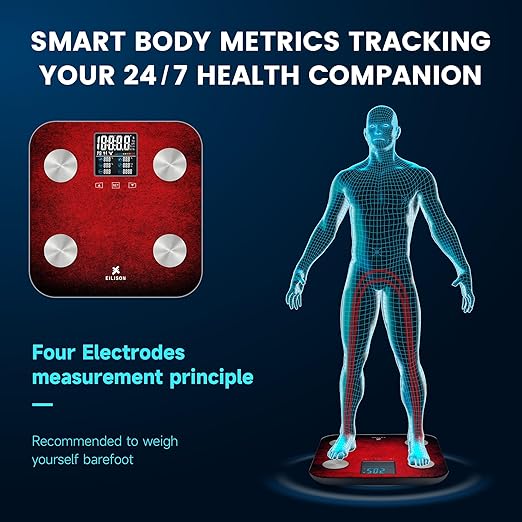 EILISON Digital Bathroom Scale with 4 Electrodes & BIA Technology High-Precision Smart Body Fat Analyzer,Large Color Night Vision Touchscreen,Bluetooth App Sync for 19 Metrics,396LBS Capacity (Red)