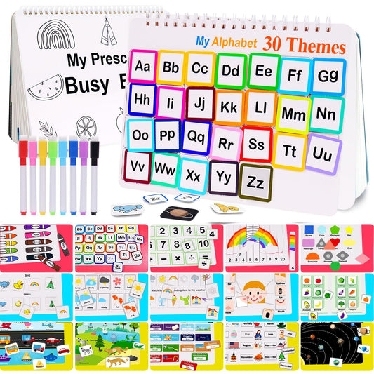 HAN-MM Busy Book for Kids, Montessori Preschool Learning Activities, 30 Themes with 8 Marker, Workbook Activity Binder for Toddlers 1-3, Autism Learning Materials and Tracing Coloring Book, BusyTots