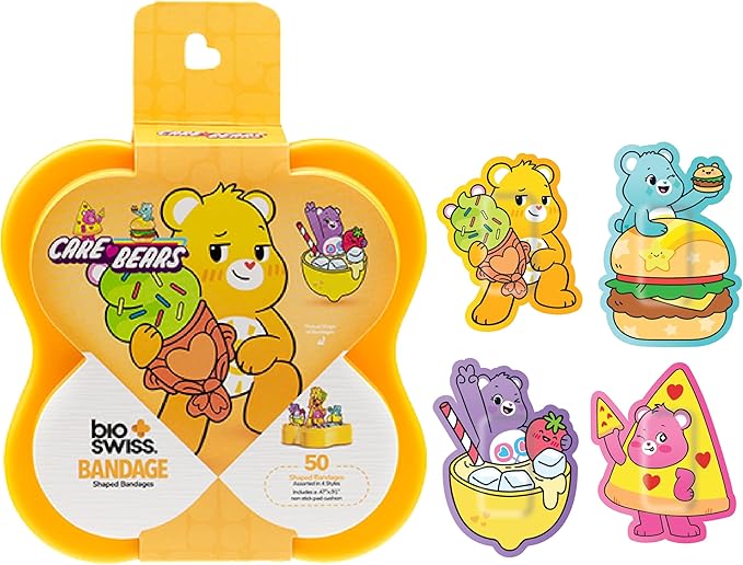 BioSwiss Care Bears Bandages, Sweet and Sour Care Bear Shaped Self Adhesive Bandage, Latex Free Sterile Wound Care, Fun First Aid Kit Supplies for Kids, 50 Count