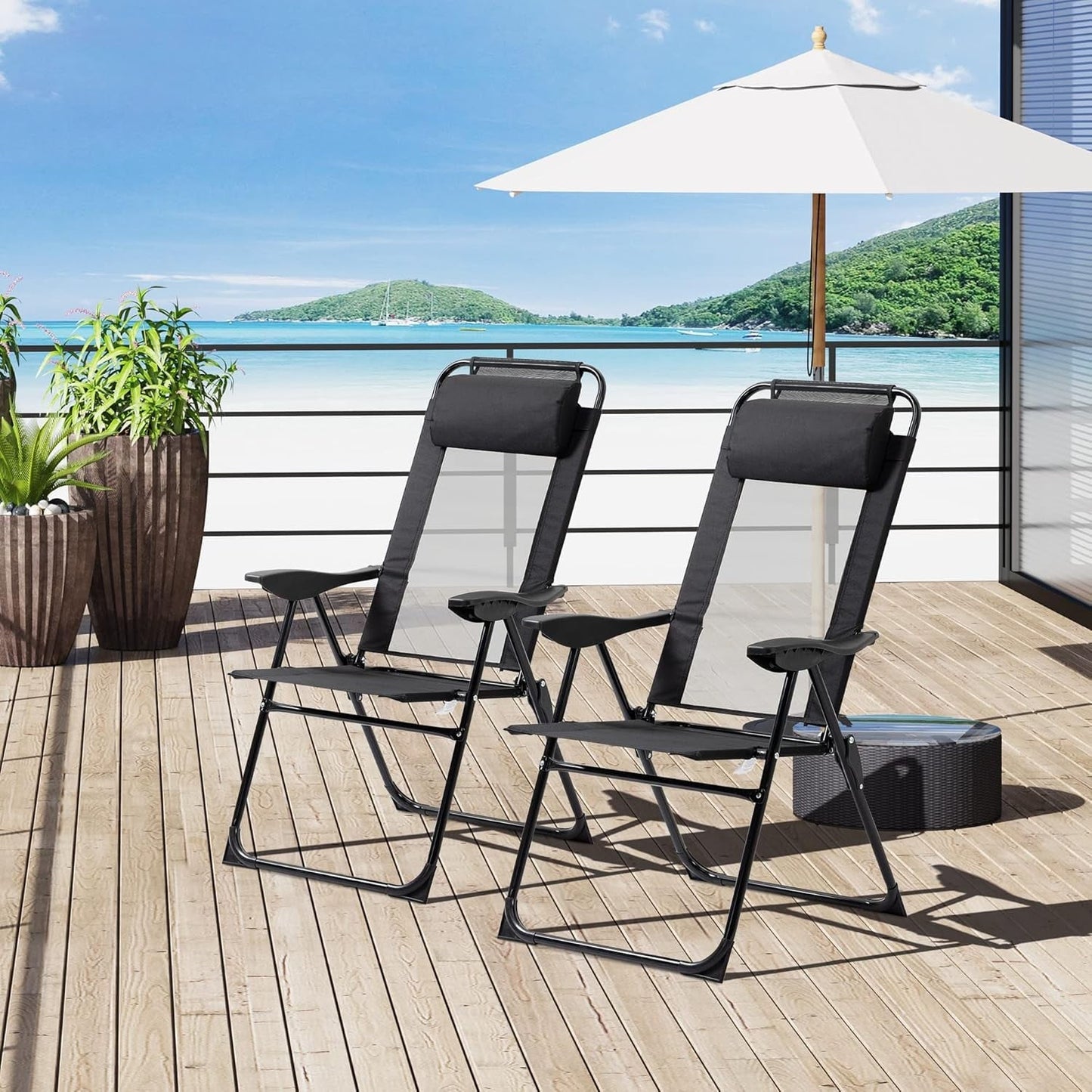 THTGCD Folding Patio Chairs Set of 2, Outdoor Deck Chair with Adjustable Sling Back, Camping Chair with Removable Headrest for Garden, Backyard, Lawn, Black