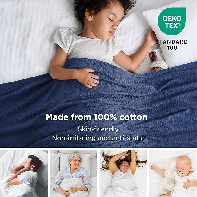 Bedsure 100% Cotton Blanket Queen Size for Bed - Breathable and Lightweight, Soft Cozy Textured Herringbone Woven Blanket for Summer Spring, Navy Blue, 90x90 inches