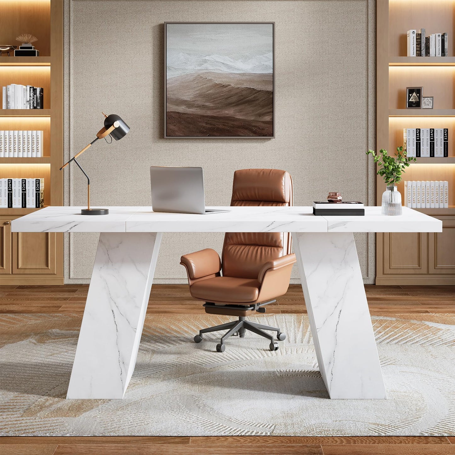 Tribesigns Modern Executive Desk, 63" Wooden Faux Marble Computer Desk with Base for Writing, White Large Simple Rectangular Workstation for Office, Conference, Meeting Room, Business Furniture & Home