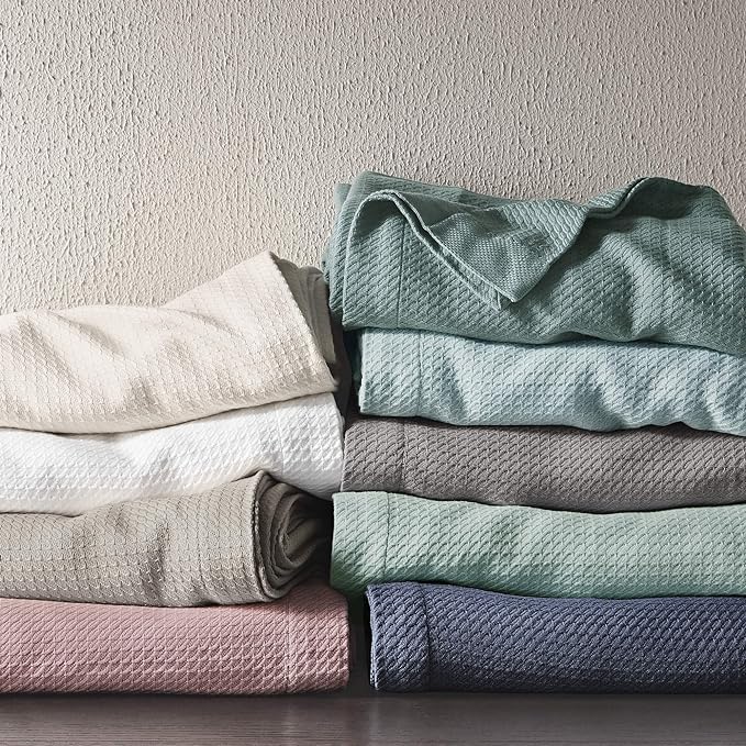 Madison Park Soft Certified 100% Egyptian Cotton Breathable Cozy Blanket, Waffle Knit Classic Design, Luxury All Season Lightweight Cover for Bed, Couch and Sofa, Light Blue Full/Queen(90"x90")