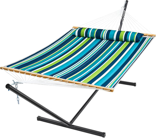 Hammock with Stand, 2 Person Quilted Outdoor Hammock with Removable Pillow and Bamboo Cushion, Portable Hammock with Carry Bag with Heavy Duty Stand.